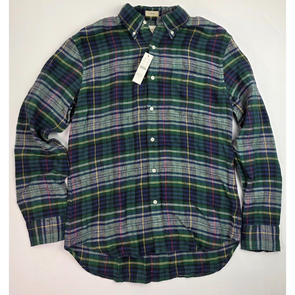 NEW J.Crew Slim Irish Linen Button Shirt Mens Medium Green Plaid‎ Long Sleeve